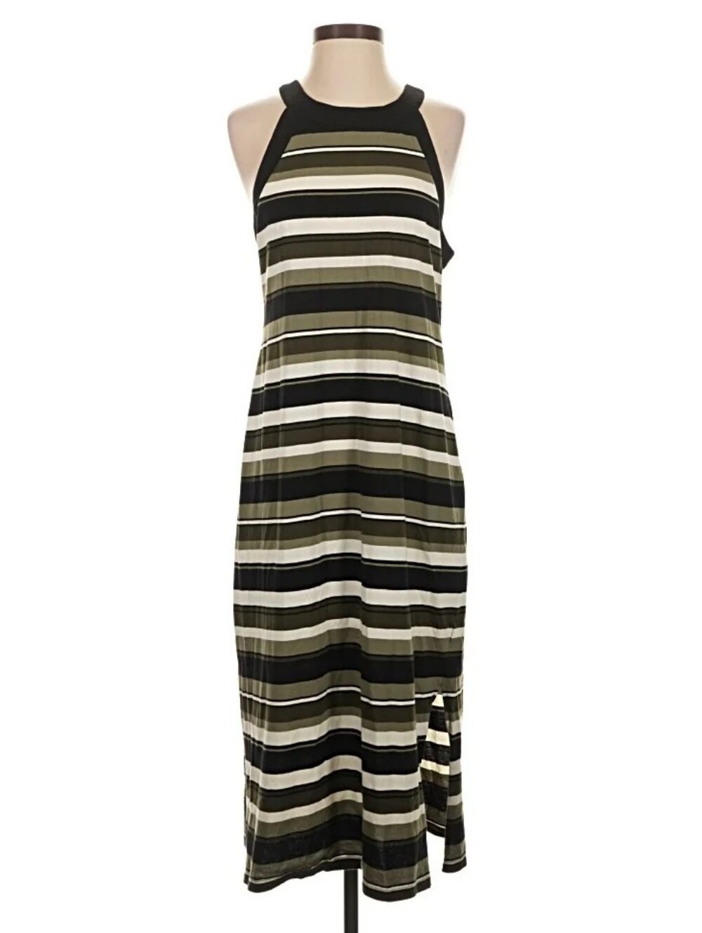 Michael Kors Striped Halter Midi Dress in Olive and Black